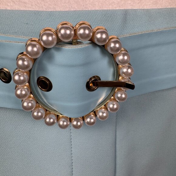 Rachel Zoe Light Blue Women's Flat Front Wide Leg Trousers with Pearl Belt Sz L - Picture 3 of 7